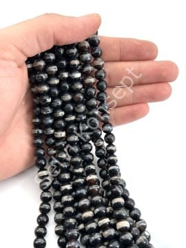 Tibet Akik Doğal Taş Küre Kesim Siyah Çizgili 8 mm Dizi