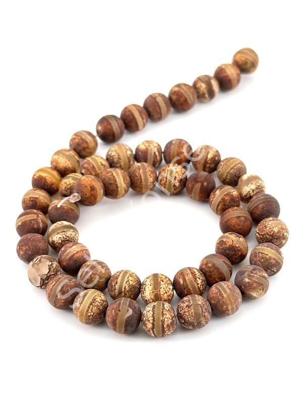 Tibet Akik Doğal Taş Küre Kesim Kahverengi Çizgili 8 mm Dizi