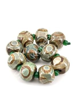 Tibet Akik Doğal Taş Rondela Kesim Yeşil 3 Göz 14x10 mm Dizi
