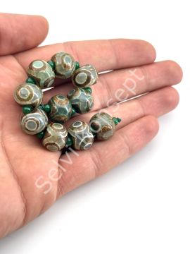 Tibet Akik Doğal Taş Rondela Kesim Yeşil 3 Göz 14x10 mm Dizi