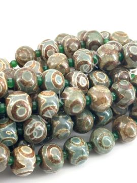 Tibet Akik Doğal Taş Rondela Kesim Yeşil 3 Göz 14x10 mm Dizi