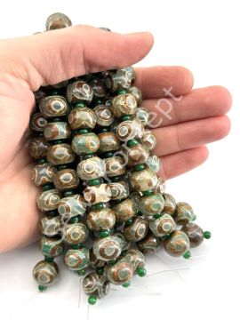 Tibet Akik Doğal Taş Rondela Kesim Yeşil 3 Göz 14x10 mm Dizi