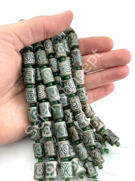 Tibet Akik Doğal Taş Silindir Kesim Yeşil 3 Göz 10x14 mm Dizi