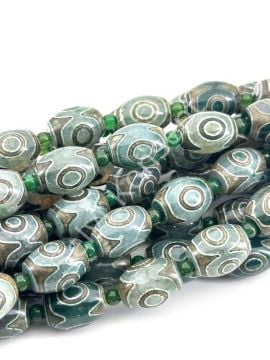 Tibet Akik Doğal Taş Oval Kesim Yeşil 3 Göz 12x15 mm Dizi