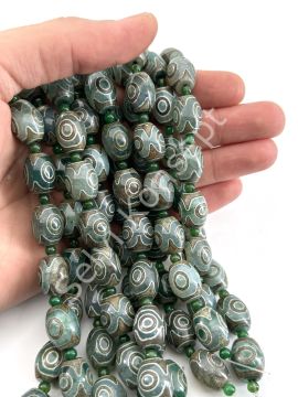 Tibet Akik Doğal Taş Oval Kesim Yeşil 3 Göz 12x15 mm Dizi