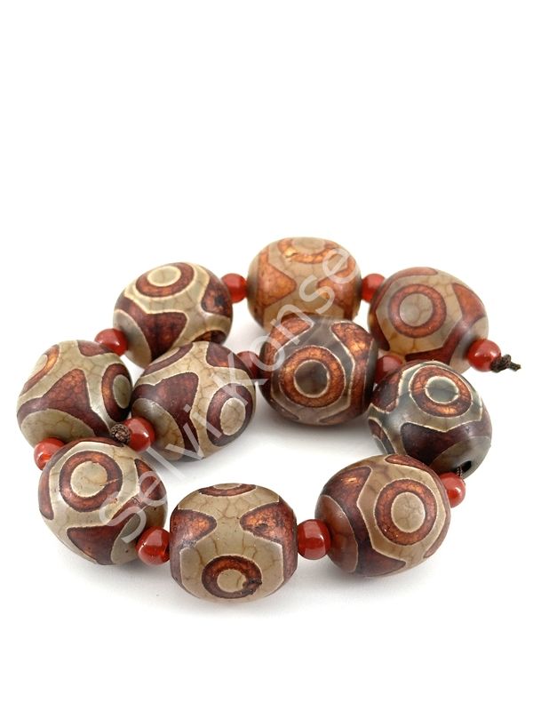 Tibet Akik Doğal Taş Oval Kesim Kahverengi 3 Göz 14x15 mm Dizi