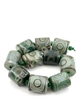 Tibet Akik Doğal Taş Silindir Kesim Yeşil 3 Göz 14x15 mm Dizi
