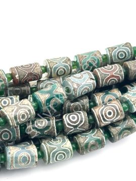 Tibet Akik Doğal Taş Silindir Kesim Yeşil 3 Göz 14x15 mm Dizi