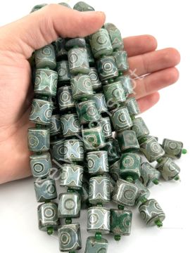 Tibet Akik Doğal Taş Silindir Kesim Yeşil 3 Göz 14x15 mm Dizi