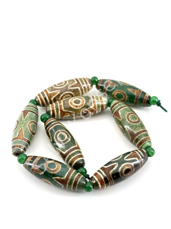 Tibet Akik Doğal Taş Oval-Silindir Kesim Yeşil 3 Göz 10x30 mm Dizi