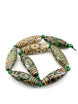 Tibet Akik Doğal Taş Oval-Silindir Kesim Yeşil 3 Göz 10x30 mm Dizi