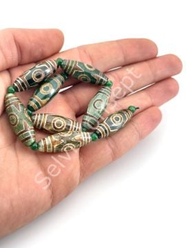 Tibet Akik Doğal Taş Oval-Silindir Kesim Yeşil 3 Göz 10x30 mm Dizi