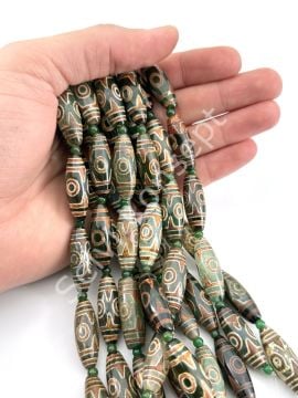 Tibet Akik Doğal Taş Oval-Silindir Kesim Yeşil 3 Göz 10x30 mm Dizi