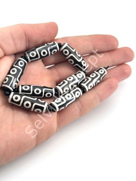 Tibet Akik Doğal Taş Silindir Kesim Siyah 9 Göz 10x30 mm Dizi