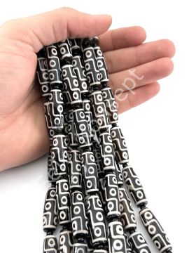 Tibet Akik Doğal Taş Silindir Kesim Siyah 9 Göz 10x30 mm Dizi