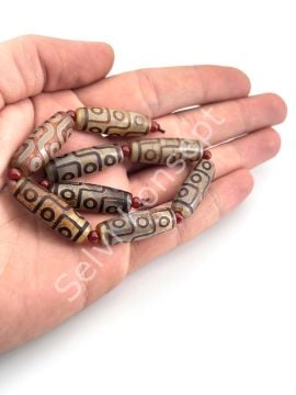 Tibet Akik Doğal Taş Silindir Kesim Kahverengi 9 Göz 10x30 mm Dizi