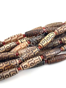 Tibet Akik Doğal Taş Silindir Kesim Kahverengi 9 Göz 10x30 mm Dizi