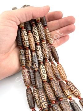 Tibet Akik Doğal Taş Silindir Kesim Kahverengi 9 Göz 10x30 mm Dizi