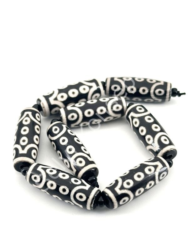 Tibet Akik Doğal Taş Silindir Kesim Siyah 21 Göz 10x30 mm Dizi