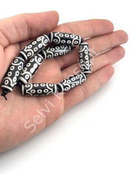 Tibet Akik Doğal Taş Silindir Kesim Siyah 21 Göz 10x30 mm Dizi