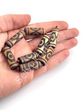 Tibet Akik Doğal Taş Silindir Kesim Kahverengi 3 Göz 10x30 mm Dizi