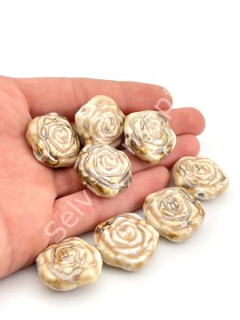 Otantik Seramik Boncuk Yassı Gül 25 mm Krem