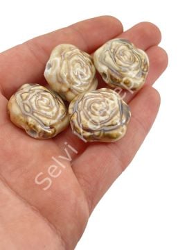 Otantik Seramik Boncuk Yassı Gül 25 mm Krem