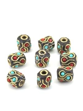 Pirinç İşlemeli Nepal Boncuk Silindir Turkuaz-Mercan Taş Kakmalı 7x9 mm