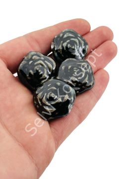 Otantik Seramik Boncuk Yassı Gül 25 mm Siyah