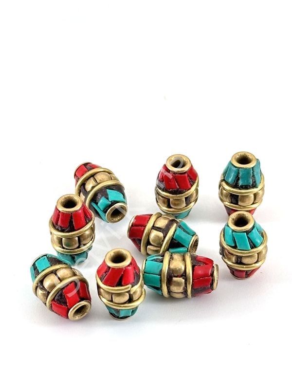 Pirinç İşlemeli Nepal Boncuk Arpa Turkuaz-Mercan Taş Kakmalı 7x13 mm