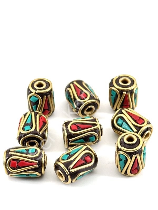 Pirinç İşlemeli Nepal Boncuk Silindir Turkuaz-Mercan Taş Kakmalı 10x14 mm