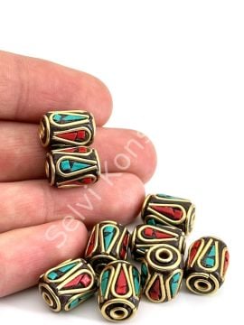 Pirinç İşlemeli Nepal Boncuk Silindir Turkuaz-Mercan Taş Kakmalı 10x14 mm