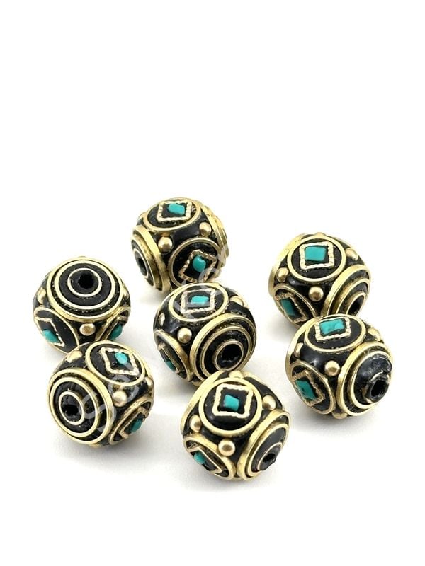 Pirinç İşlemeli Nepal Boncuk Küre Turkuaz Taş Kakmalı 11x11 mm