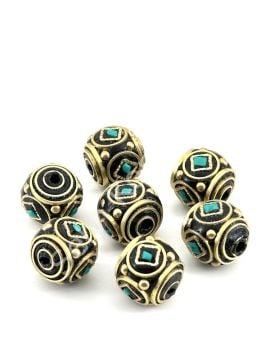 Pirinç İşlemeli Nepal Boncuk Küre Turkuaz Taş Kakmalı 11x11 mm