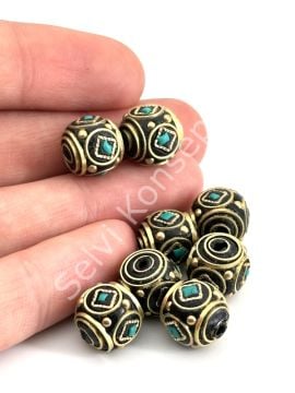 Pirinç İşlemeli Nepal Boncuk Küre Turkuaz Taş Kakmalı 11x11 mm