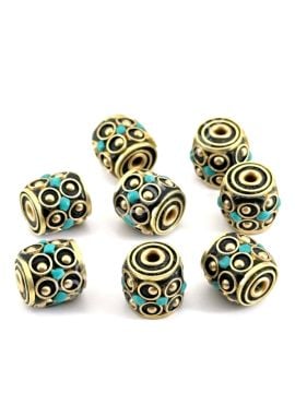 Pirinç İşlemeli Nepal Boncuk Silindir Turkuaz Taş Kakmalı 11x10 mm