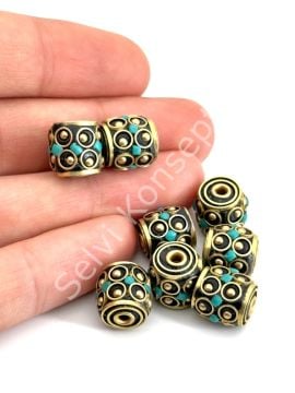 Pirinç İşlemeli Nepal Boncuk Silindir Turkuaz Taş Kakmalı 11x10 mm