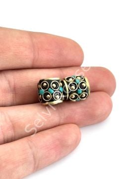 Pirinç İşlemeli Nepal Boncuk Silindir Turkuaz Taş Kakmalı 11x10 mm