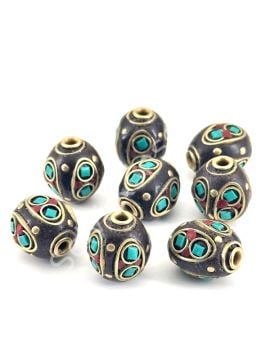 Pirinç İşlemeli Nepal Boncuk Silindir Turkuaz-Mercan Taş Kakmalı 10x14 mm