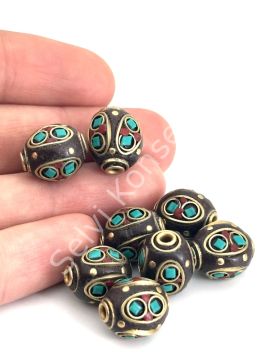 Pirinç İşlemeli Nepal Boncuk Silindir Turkuaz-Mercan Taş Kakmalı 10x14 mm