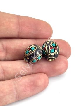 Pirinç İşlemeli Nepal Boncuk Silindir Turkuaz-Mercan Taş Kakmalı 10x14 mm