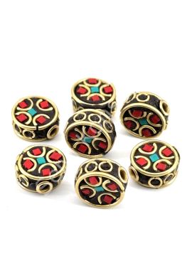 Pirinç İşlemeli Nepal Boncuk Yassı Turkuaz-Mercan Taş Kakmalı 12x13 mm