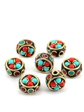 Pirinç İşlemeli Nepal Boncuk Yassı Turkuaz-Mercan Taş Kakmalı 12x12 mm