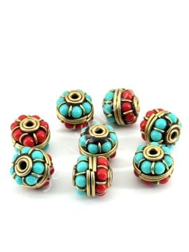 Pirinç İşlemeli Nepal Boncuk Silindir Turkuaz-Mercan Taş Kakmalı 12x10 mm