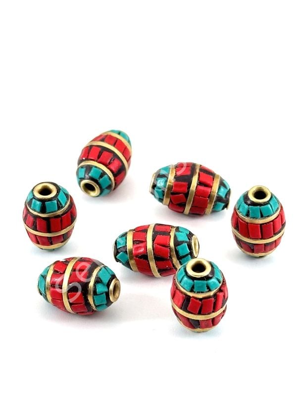 Pirinç İşlemeli Nepal Boncuk Arpa Turkuaz-Mercan Taş Kakmalı 10x16 mm