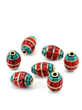 Pirinç İşlemeli Nepal Boncuk Arpa Turkuaz-Mercan Taş Kakmalı 10x16 mm