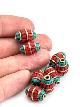 Pirinç İşlemeli Nepal Boncuk Arpa Turkuaz-Mercan Taş Kakmalı 10x16 mm