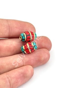 Pirinç İşlemeli Nepal Boncuk Arpa Turkuaz-Mercan Taş Kakmalı 10x16 mm