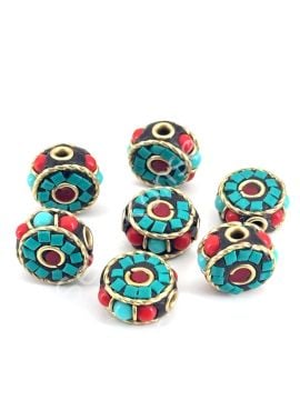 Pirinç İşlemeli Nepal Boncuk Yassı Turkuaz-Mercan Taş Kakmalı 13x13 mm