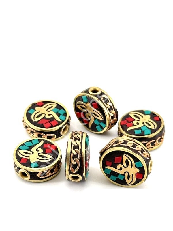 Pirinç İşlemeli Nepal Boncuk Yassı Turkuaz-Mercan Taş Kakmalı Fiğürlü 15x16 mm